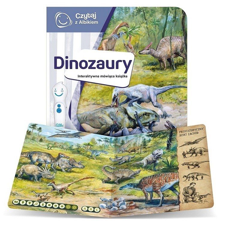 okładka i strona z książki interaktywnej czytaj z Albikiem o dinozaurach